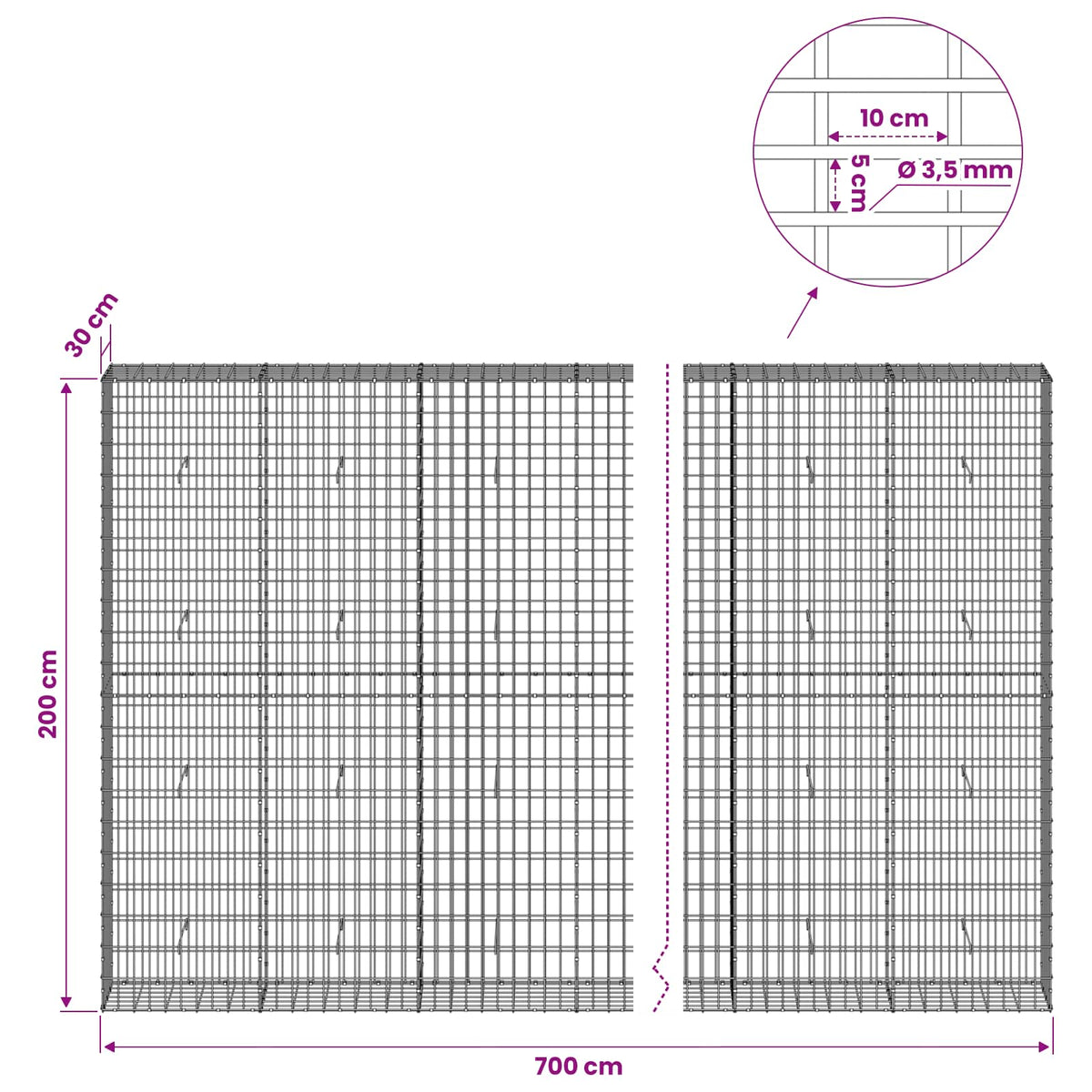 Gabion with 3.5 mm Wire and 5x10 cm Mesh 700x30x200 cm