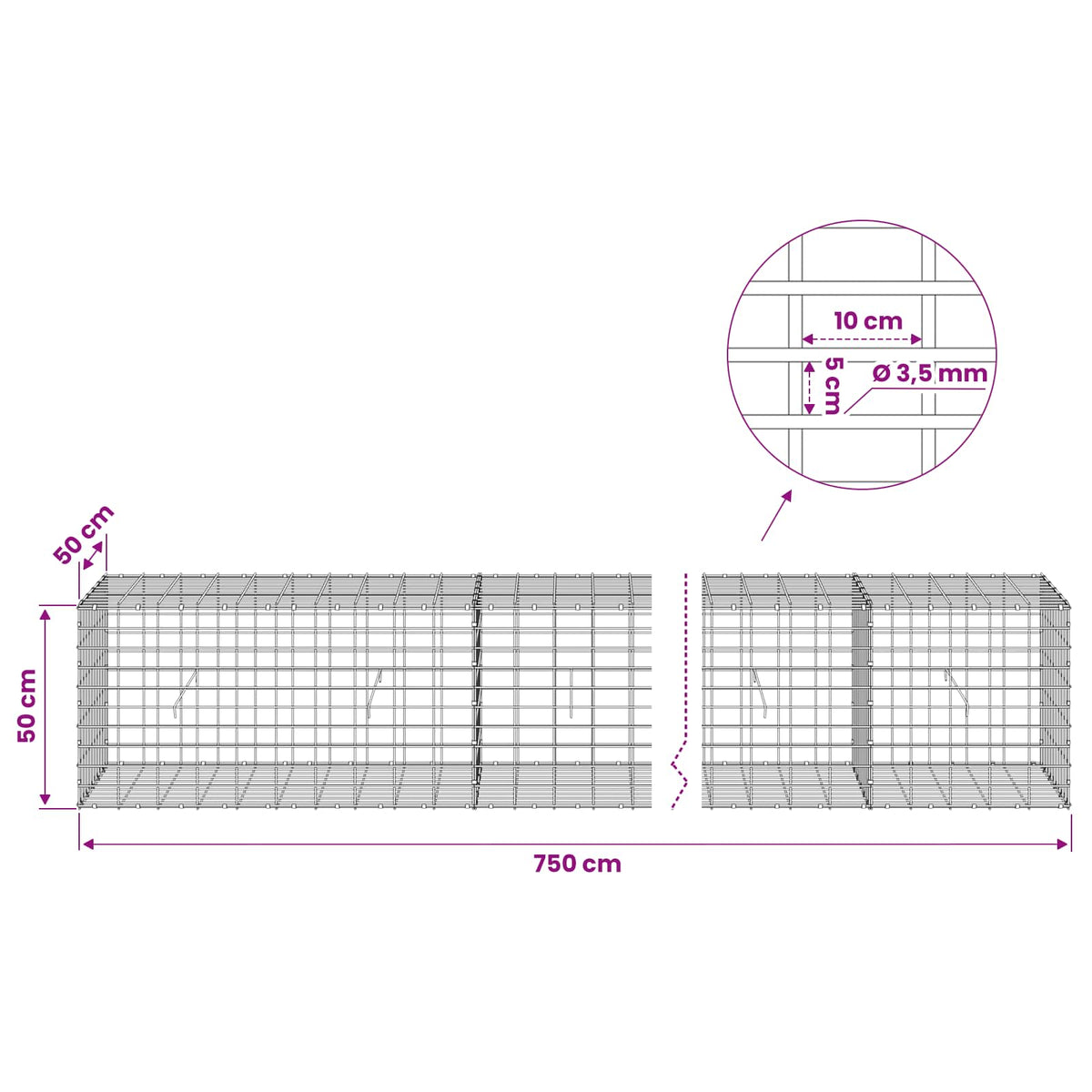 Gabion with 3.5 mm Wire and 5x10 cm Mesh 750x50x50 cm