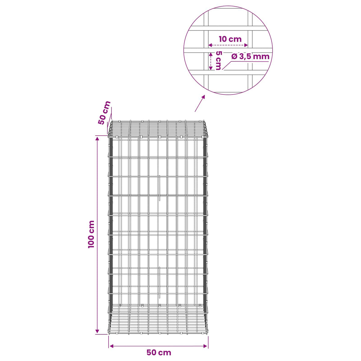 Gabion with 3.5 mm Wire and 5x10 cm Mesh 50x50x100 cm
