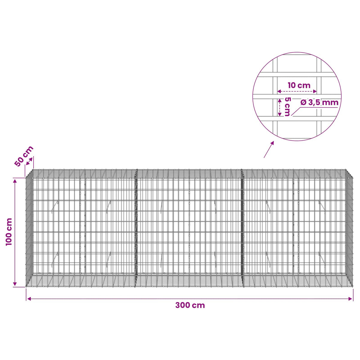 Gabion with 3.5 mm Wire and 5x10 cm Mesh 300x50x100 cm
