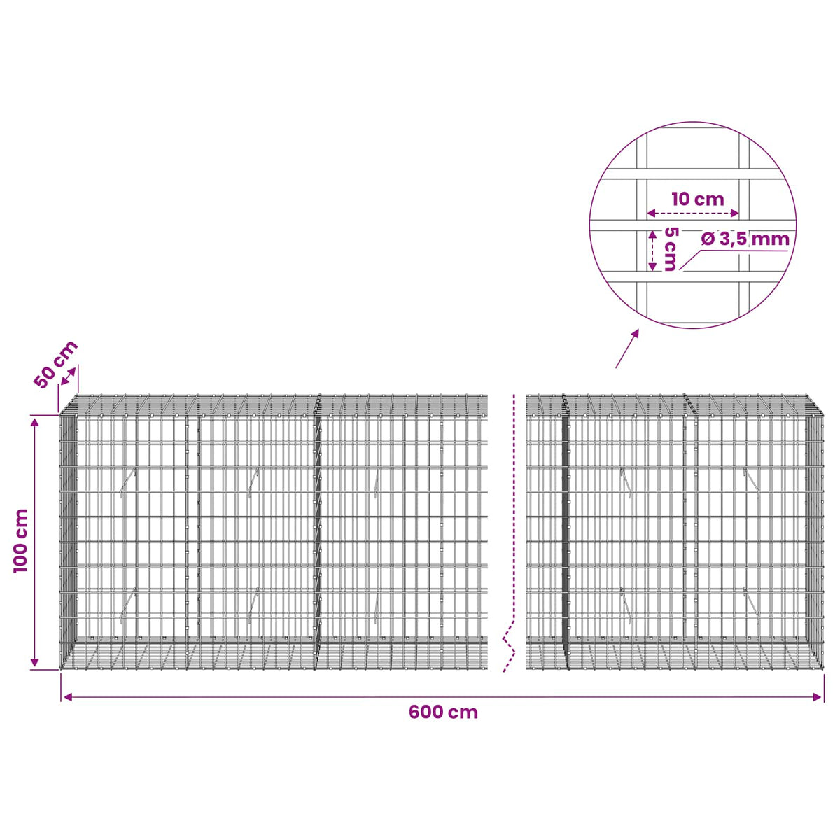 Gabion with 3.5 mm Wire and 5x10 cm Mesh 600x50x100 cm