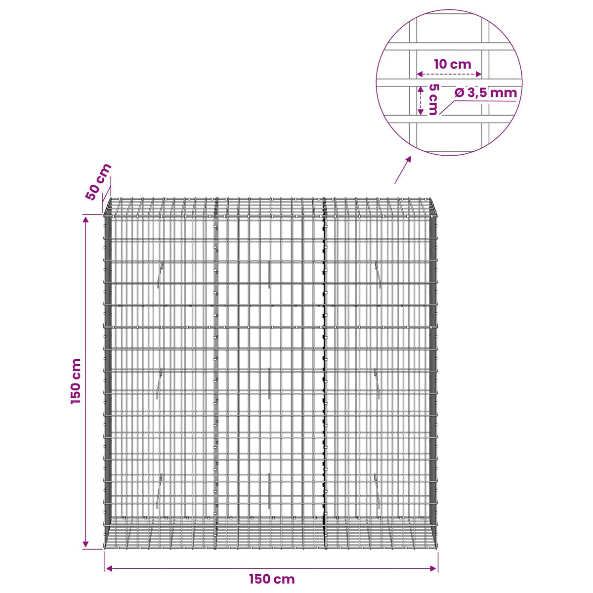 Gabion with 3.5 mm Wire and 5x10 cm Mesh 150x50x150 cm