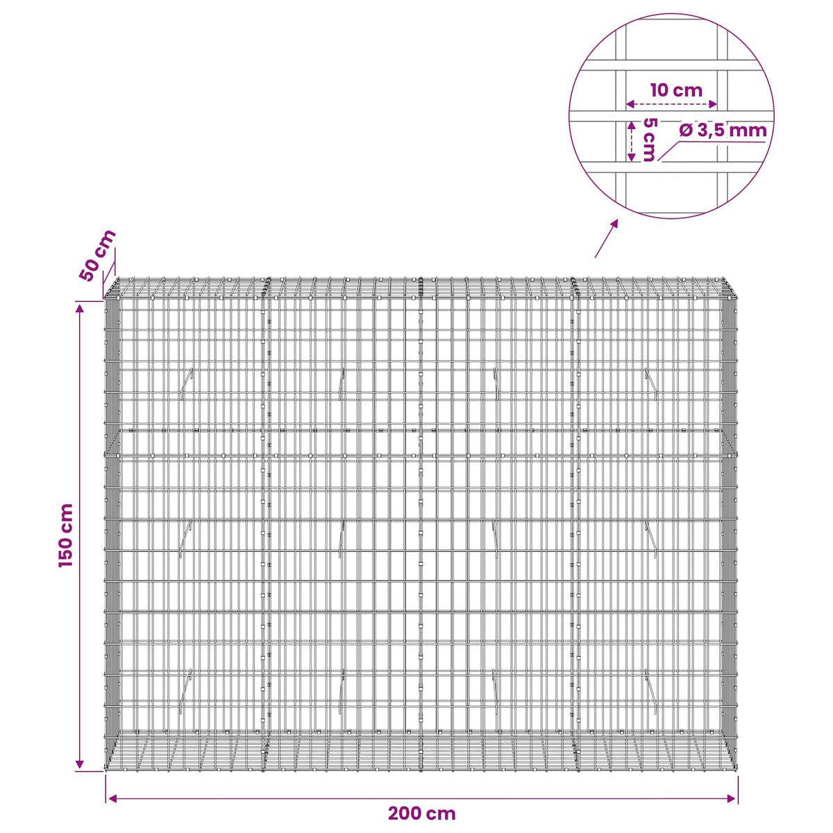 Gabion with 3.5 mm Wire and 5x10 cm Mesh 200x50x150 cm