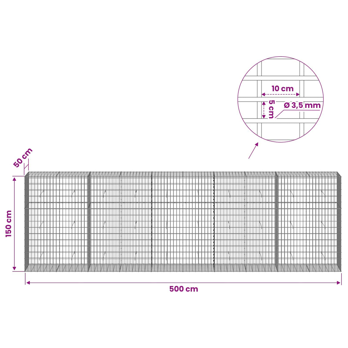 Gabion with 3.5 mm Wire and 5x10 cm Mesh 500x50x150 cm