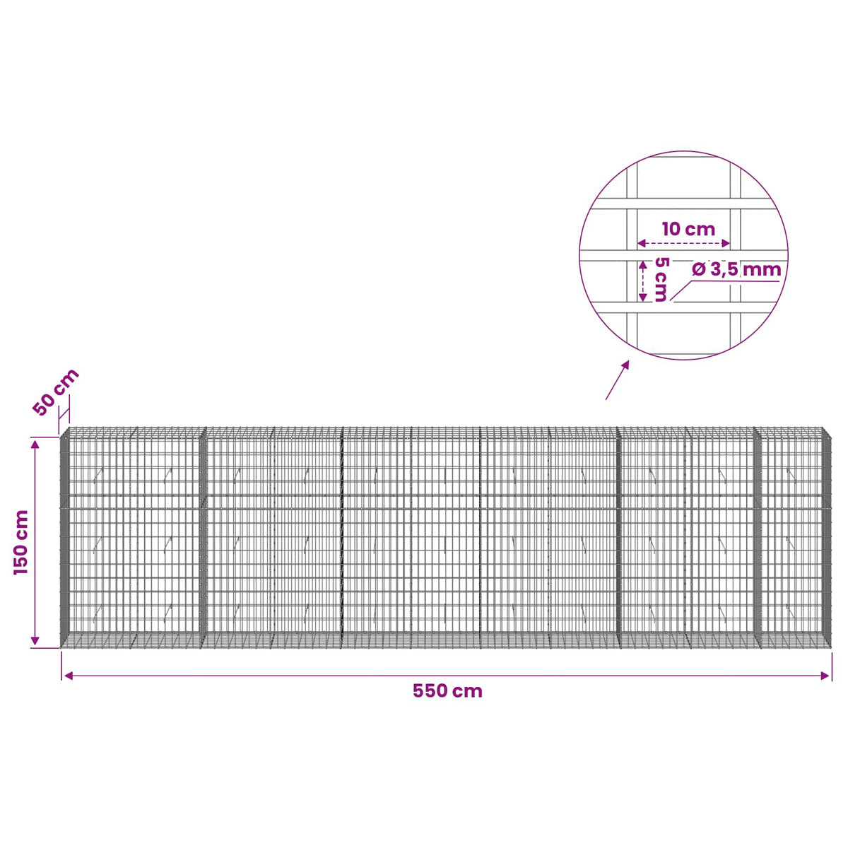Gabion with 3.5 mm Wire and 5x10 cm Mesh 550x50x150 cm