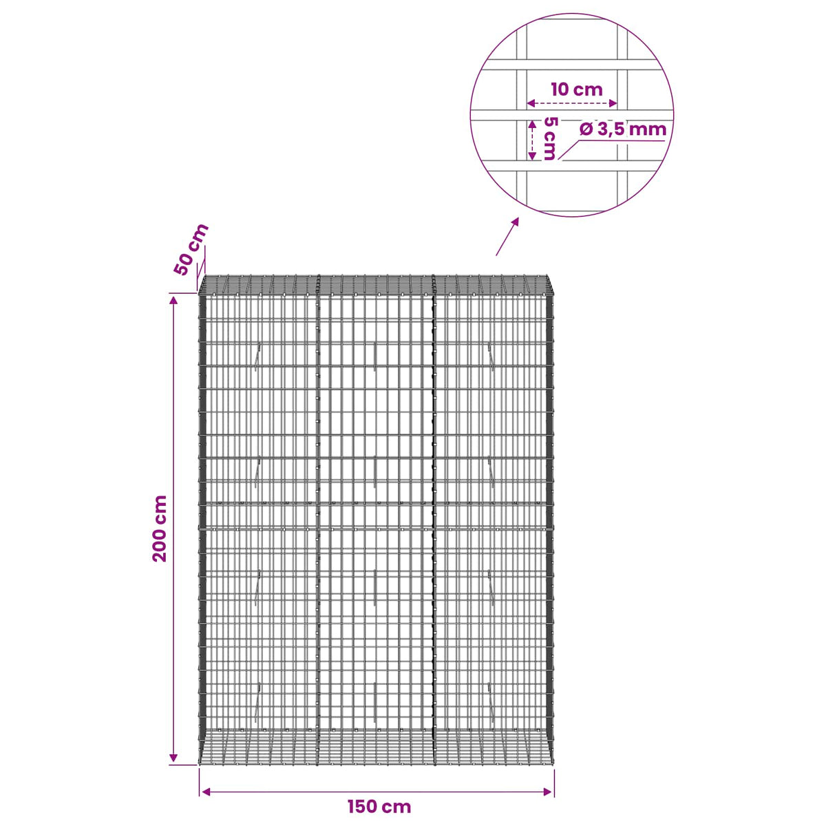 Gabion with 3.5 mm Wire and 5x10 cm Mesh 150x50x200 cm