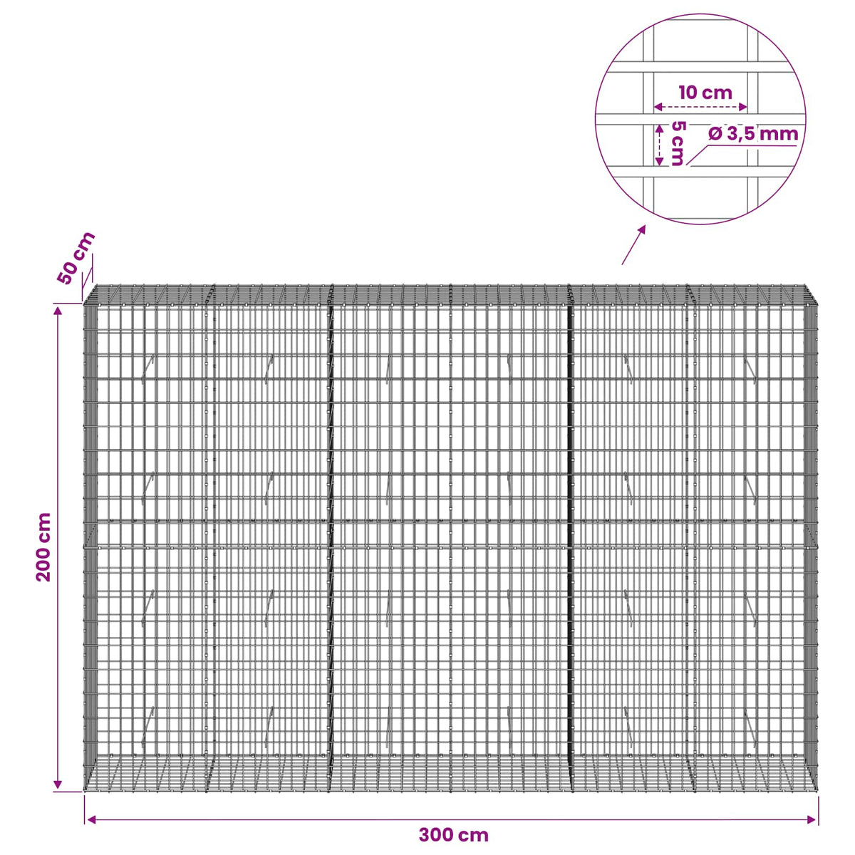 Gabion with 3.5 mm Wire and 5x10 cm Mesh 300x50x200 cm
