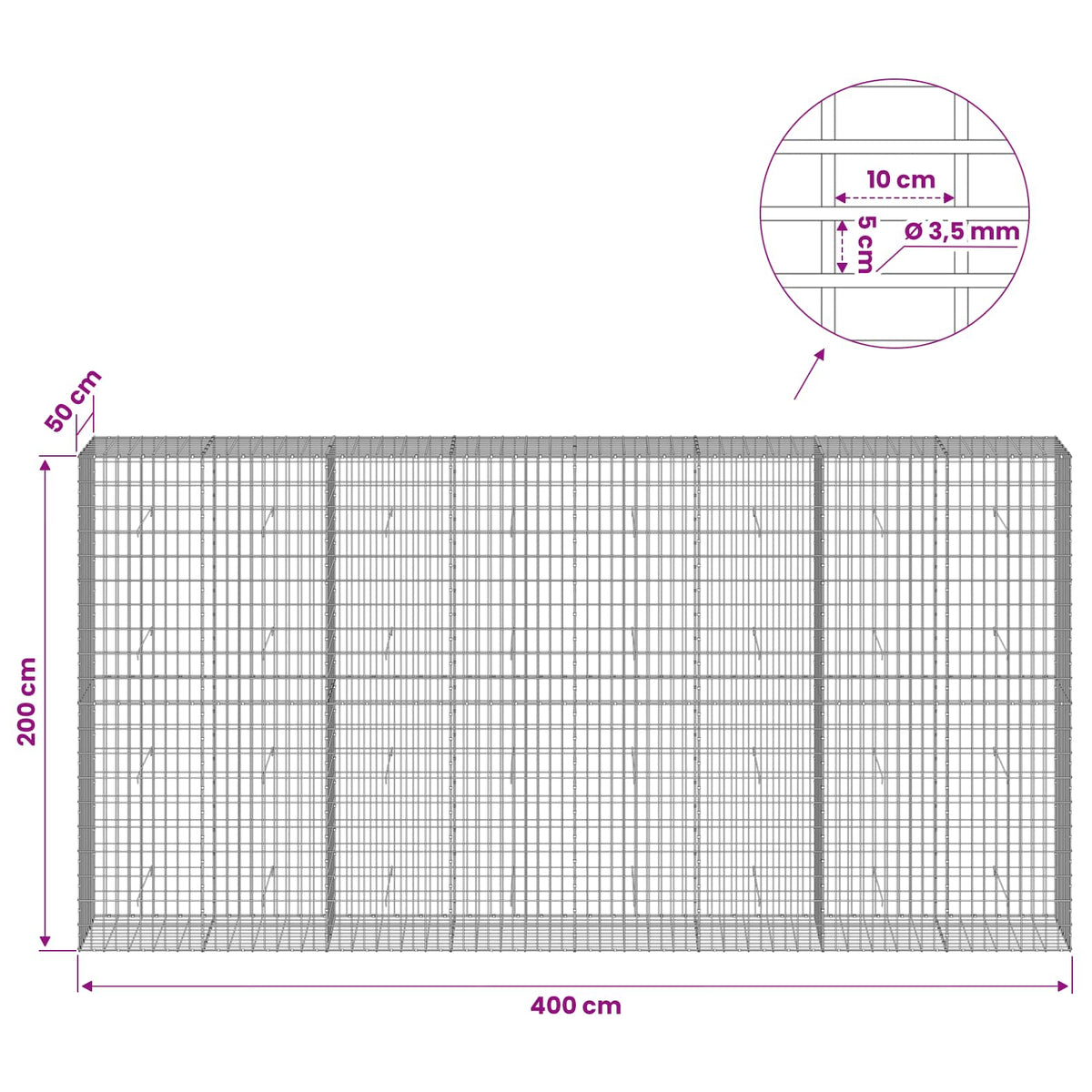 Gabion with 3.5 mm Wire and 5x10 cm Mesh 400x50x200 cm