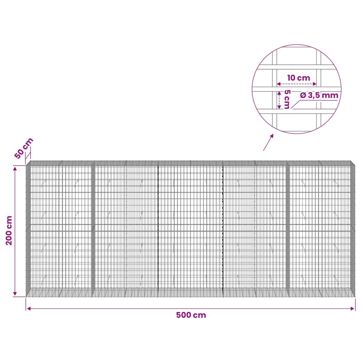 Gabion with 3.5 mm Wire and 5x10 cm Mesh 500x50x200 cm