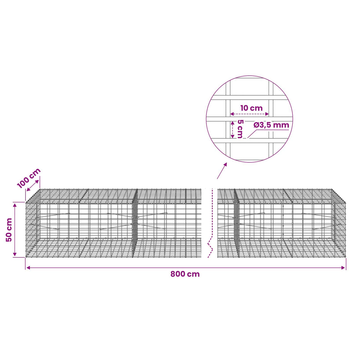 Gabion with 3.5 mm Wire and 5x10 cm Mesh 800x100x50 cm