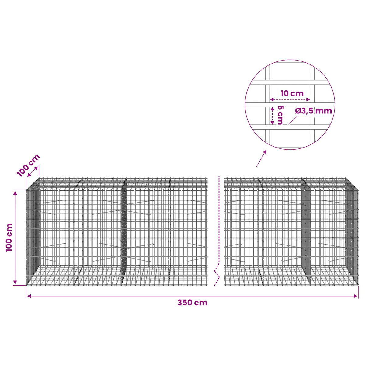 Gabion with 3.5 mm Wire and 5x10 cm Mesh 350x100x100 cm