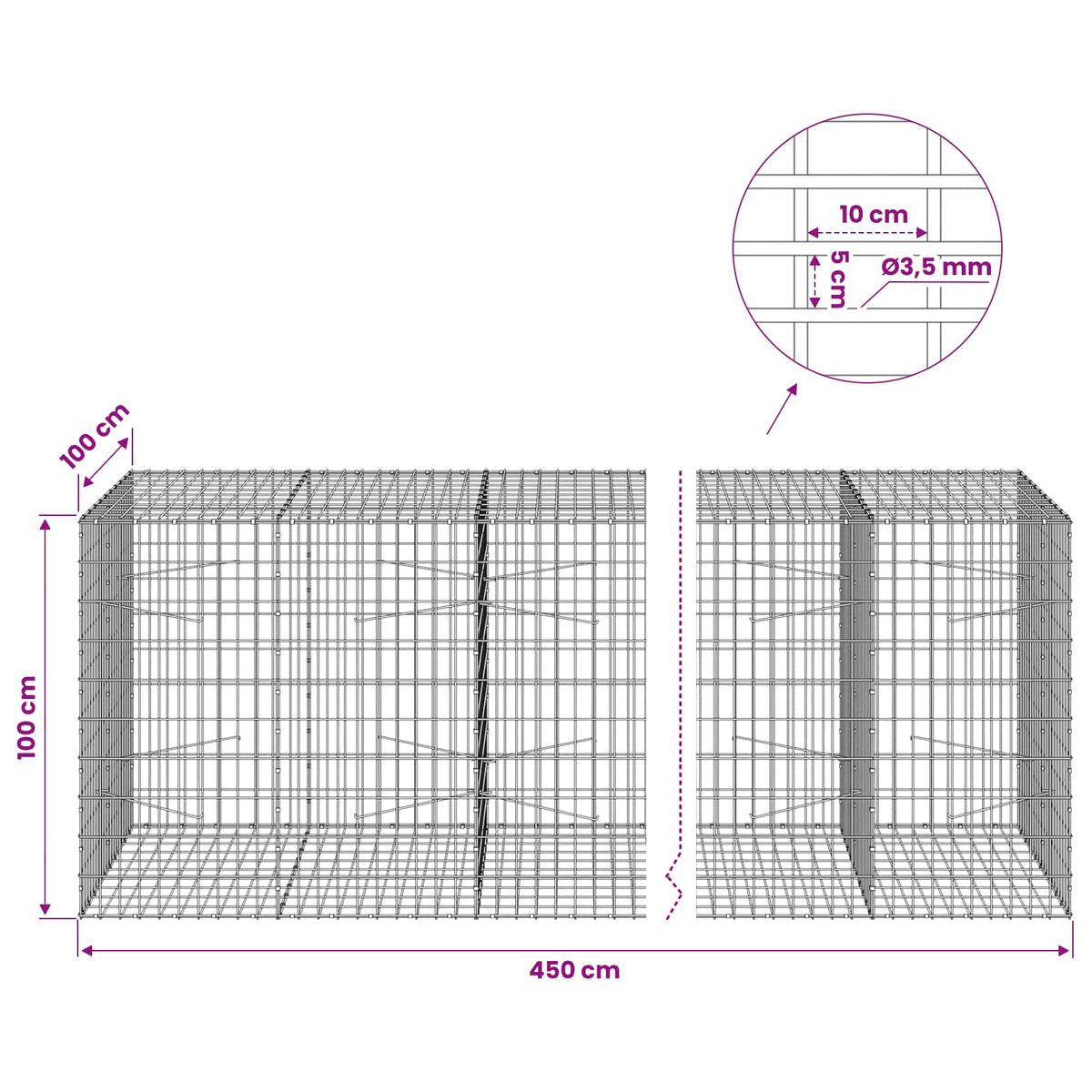 Gabion with 3.5 mm Wire and 5x10 cm Mesh 450x100x100 cm