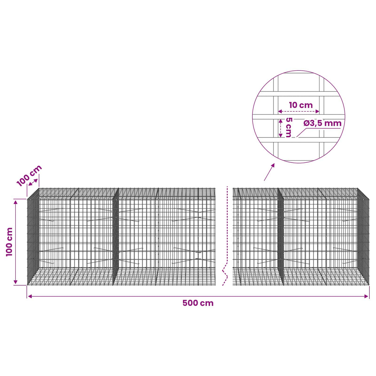 Gabion with 3.5 mm Wire and 5x10 cm Mesh 500x100x100 cm
