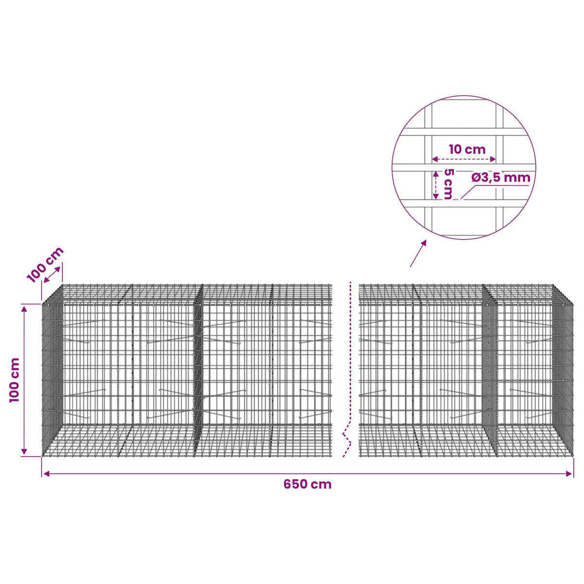 Gabion with 3.5 mm Wire and 5x10 cm Mesh 650x100x100 cm