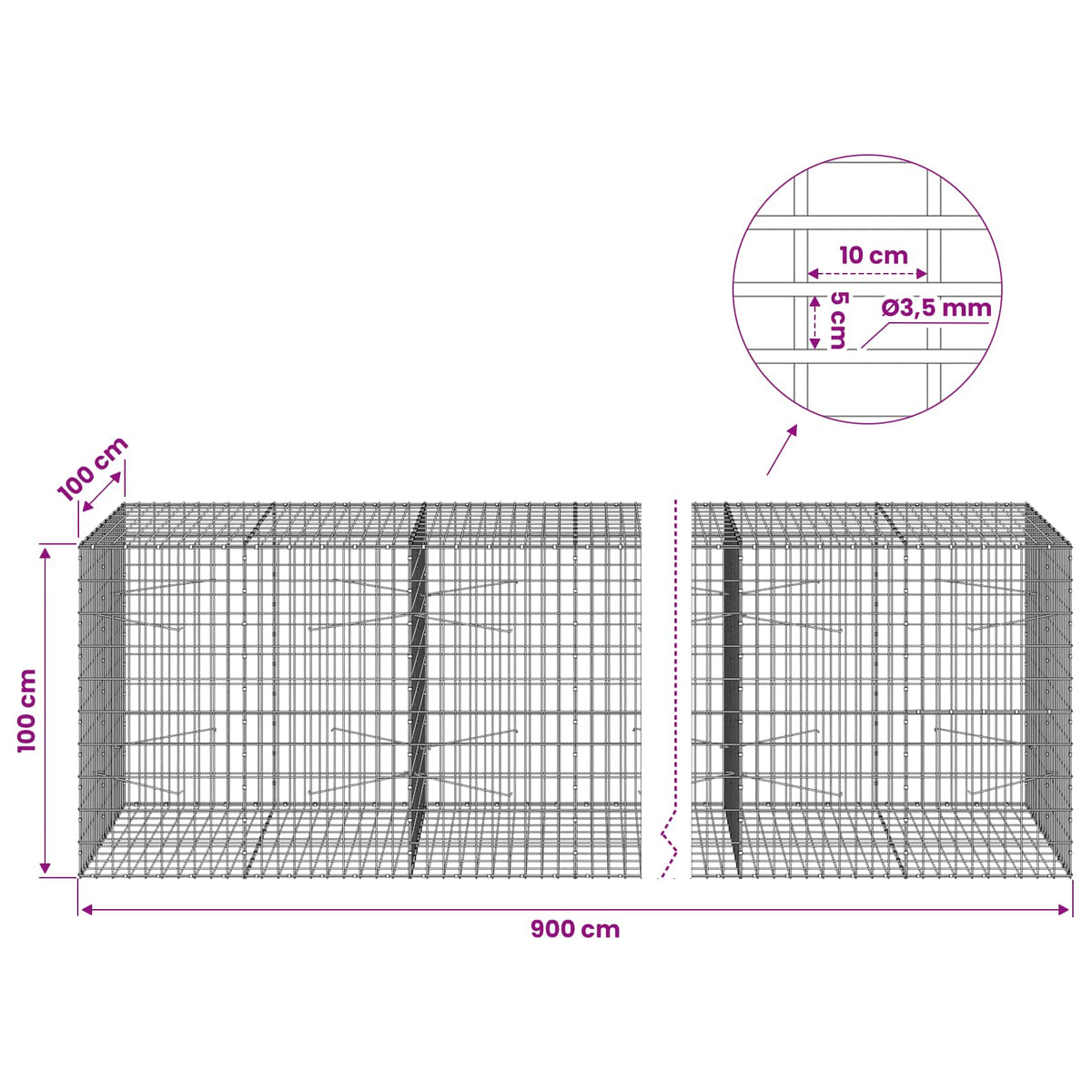Gabion with 3.5 mm Wire and 5x10 cm Mesh 900x100x100 cm