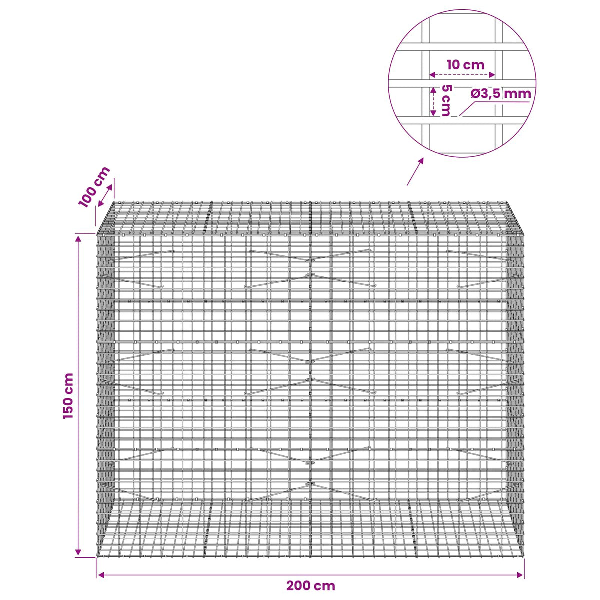 Gabion with 3.5 mm Wire and 5x10 cm Mesh 200x100x150 cm