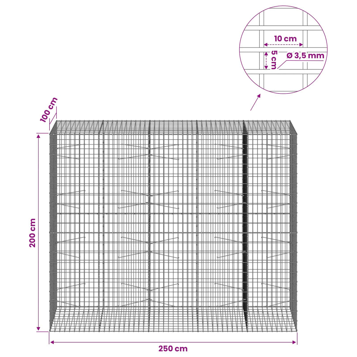 Gabion with 3.5 mm Wire and 5x10 cm Mesh 250x100x200 cm