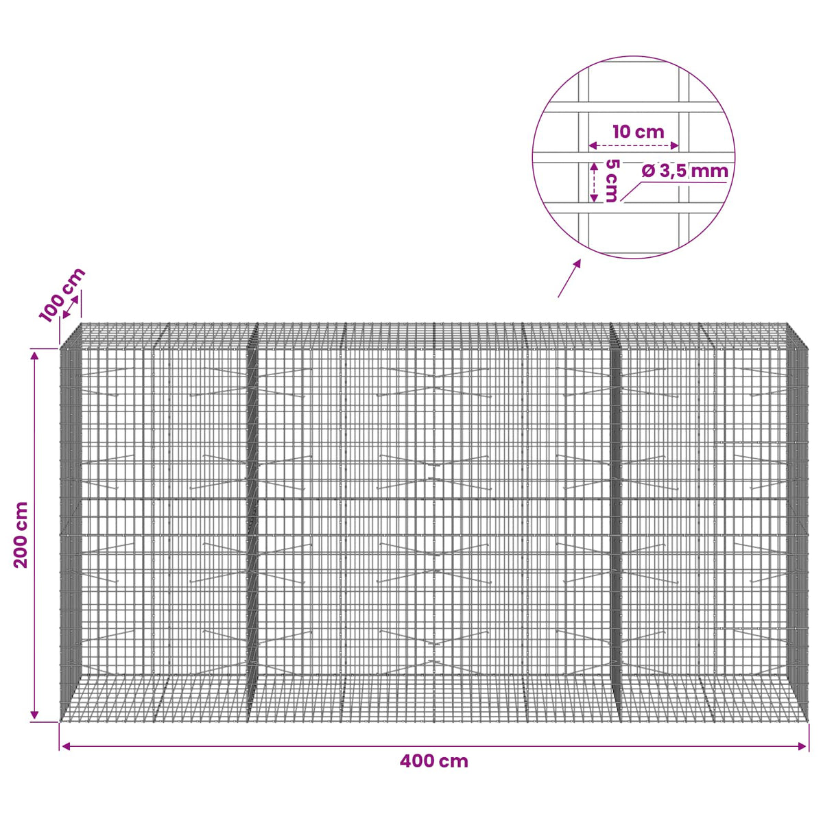 Gabion with 3.5 mm Wire and 5x10 cm Mesh 400x100x200 cm