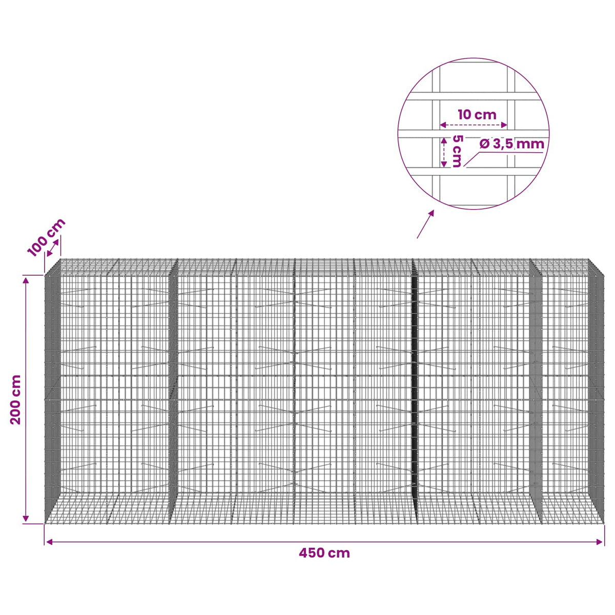 Gabion with 3.5 mm Wire and 5x10 cm Mesh 450x100x200 cm