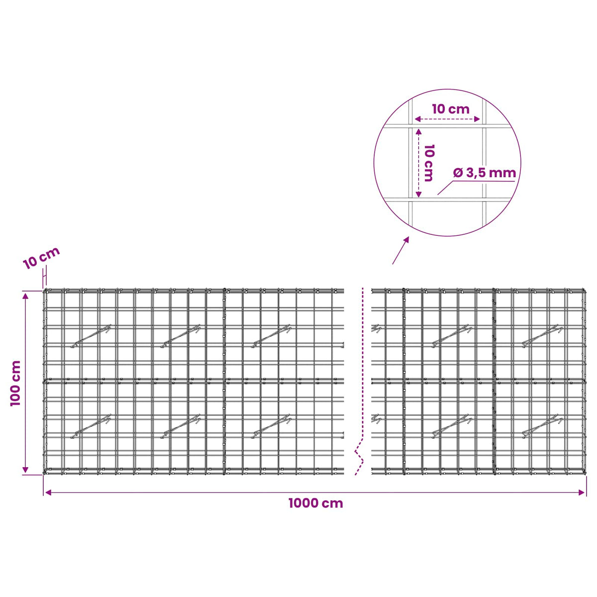 Gabion with 3.5 mm Wire and 10x10 cm Mesh 1000x10x100 cm