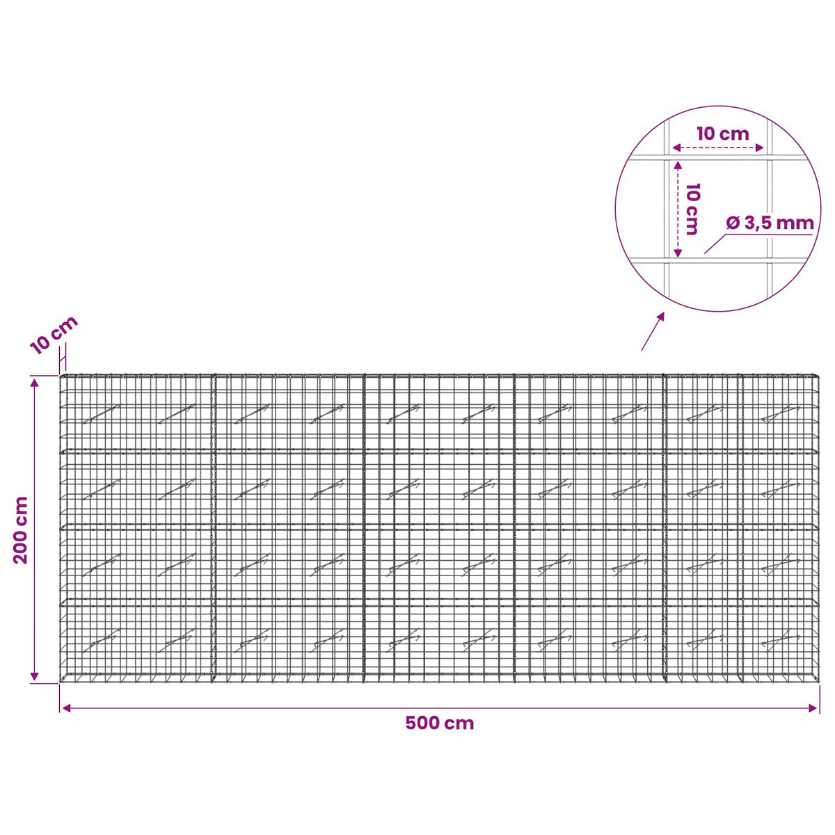 Gabion with 3.5 mm Wire and 10x10 cm Mesh 500x10x200 cm