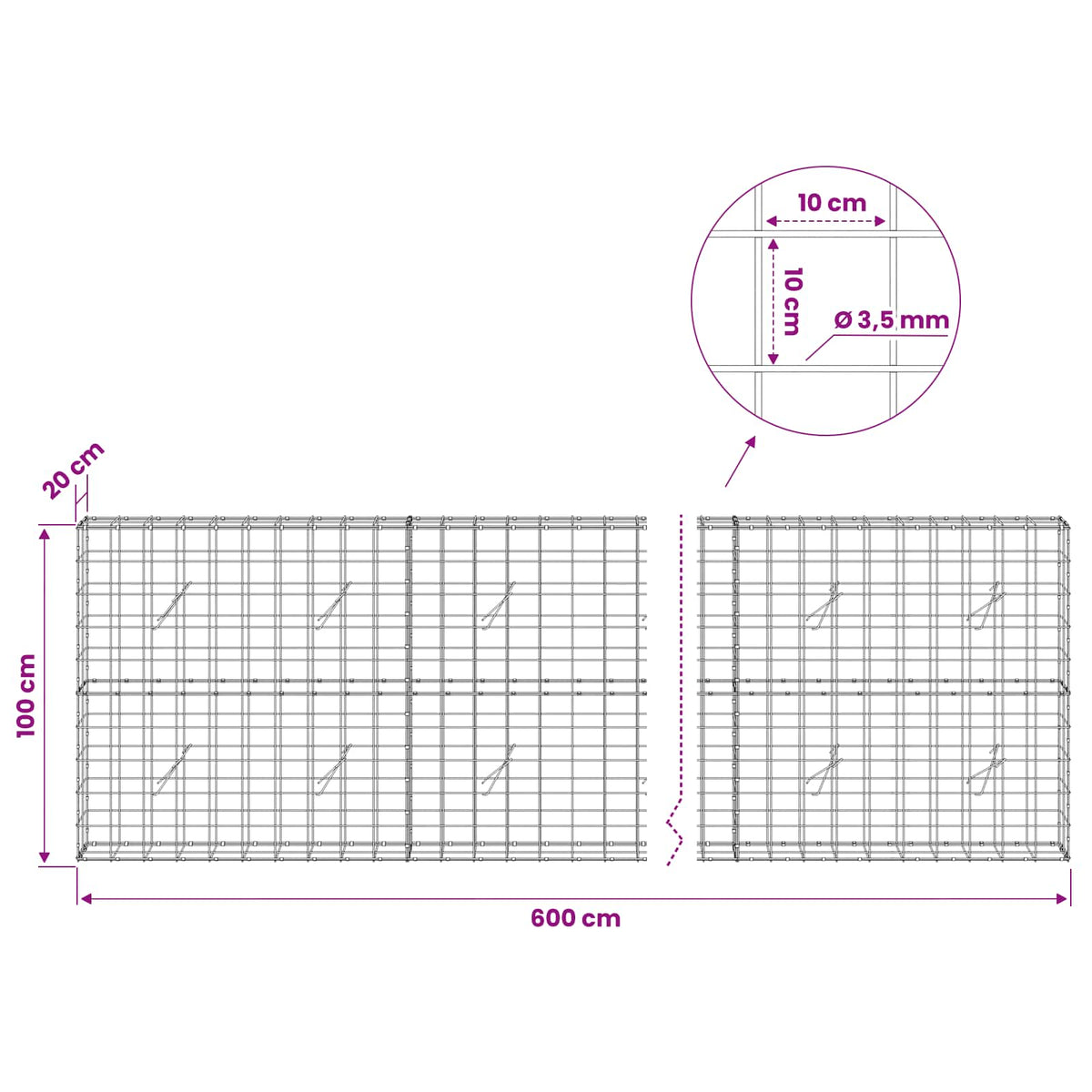 Gabion with 3.5 mm Wire and 10x10 cm Mesh 600x20x100 cm