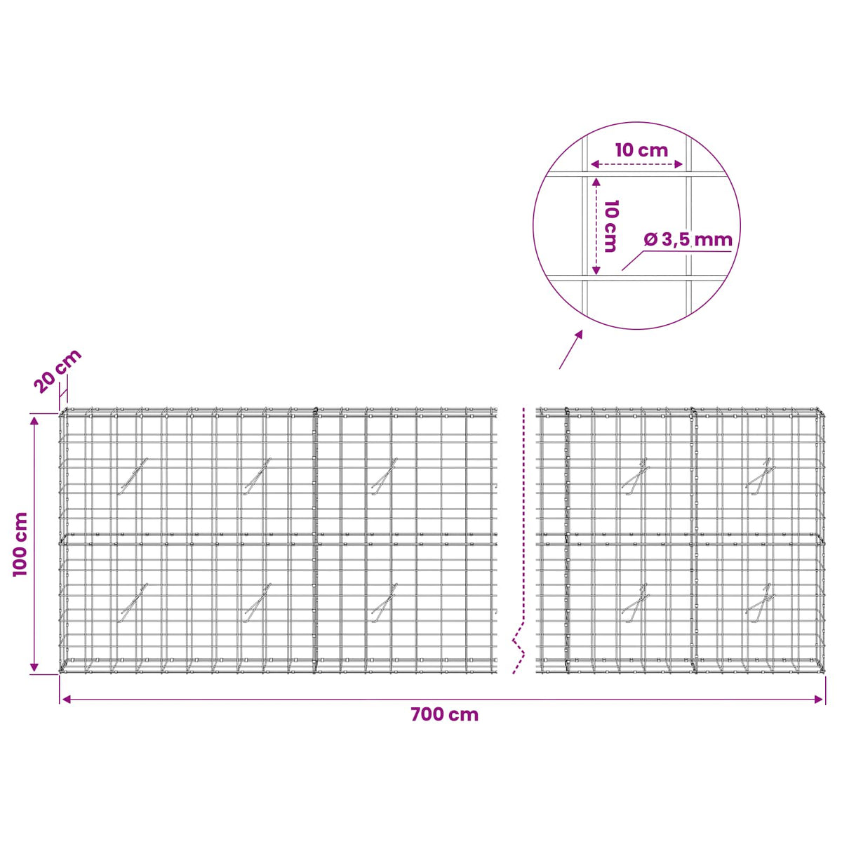 Gabion with 3.5 mm Wire and 10x10 cm Mesh 700x20x100 cm