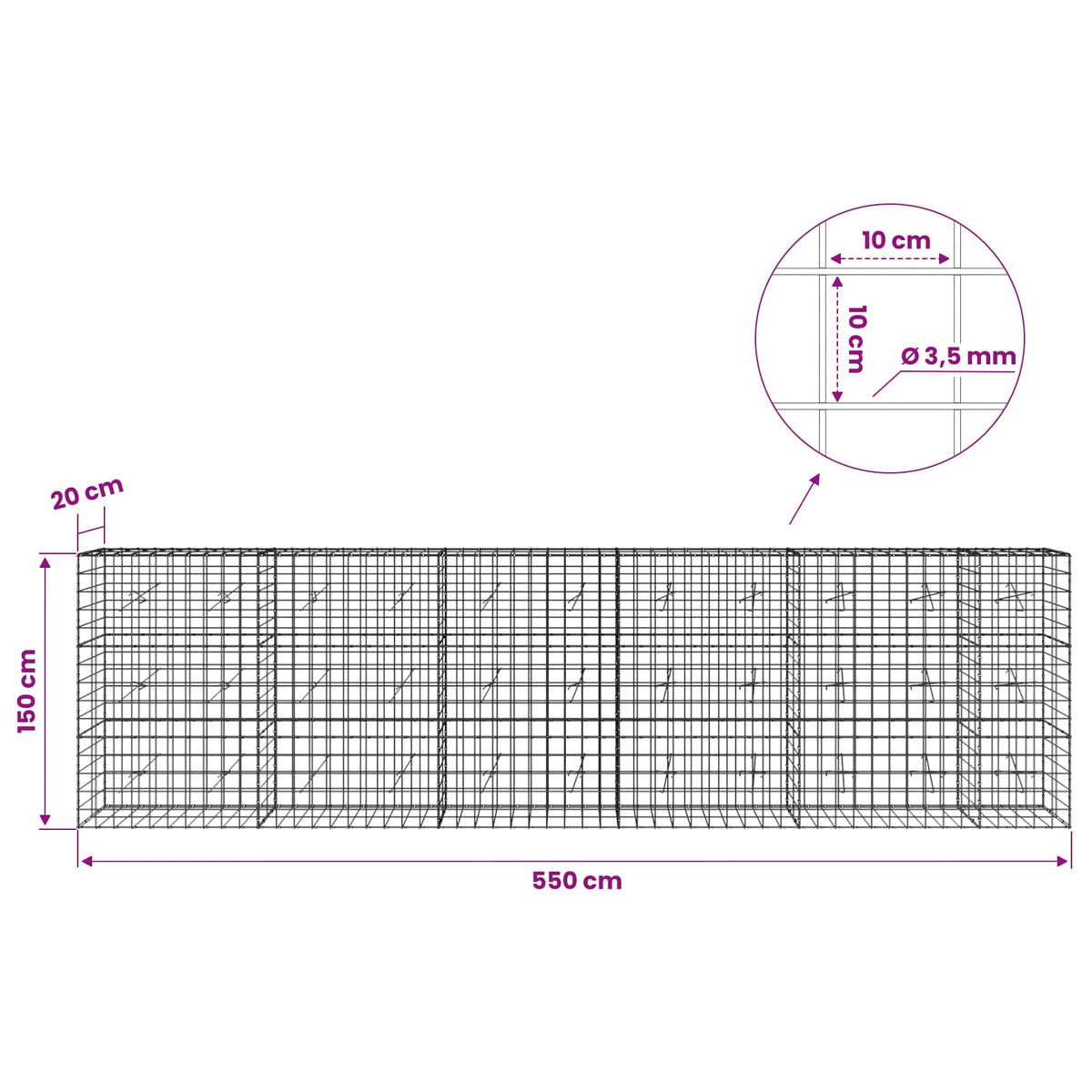 Gabion with 3.5 mm Wire and 10x10 cm Mesh 550x20x150 cm