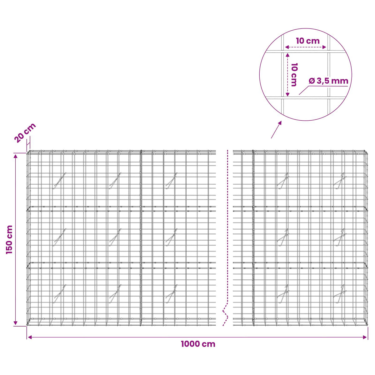 Gabion with 3.5 mm Wire and 10x10 cm Mesh 1000x20x150 cm