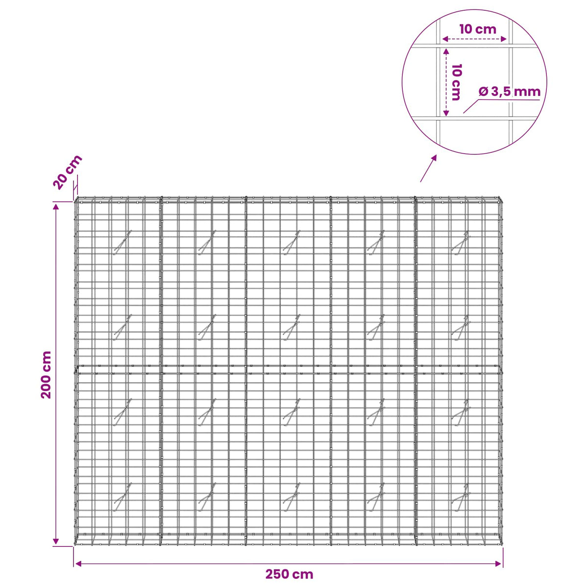 Gabion with 3.5 mm Wire and 10x10 cm Mesh 250x20x200 cm