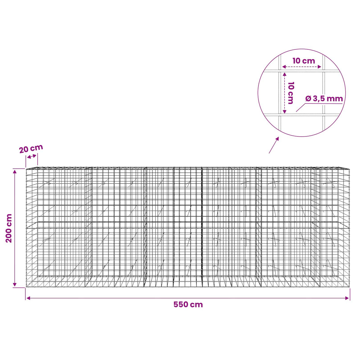 Gabion with 3.5 mm Wire and 10x10 cm Mesh 550x20x200 cm