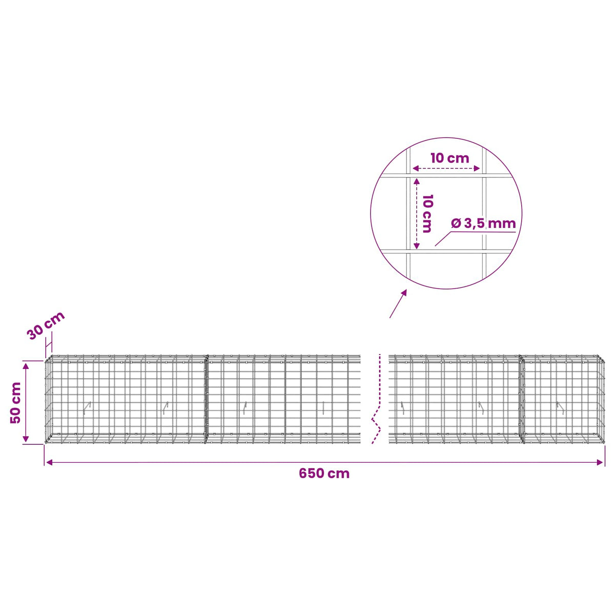 Gabion with 3.5 mm Wire and 10x10 cm Mesh 650x30x50 cm