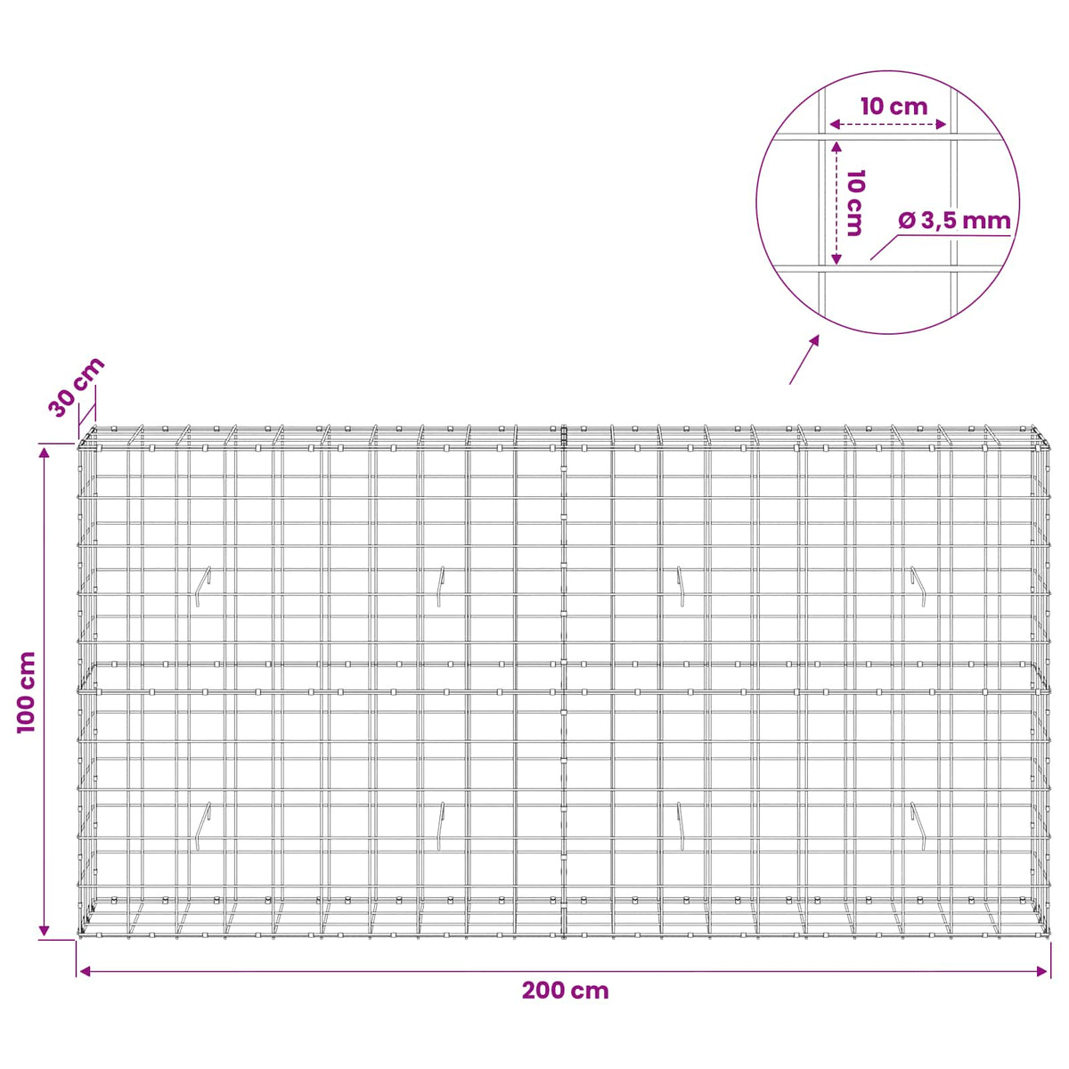 Gabion with 3.5 mm Wire and 10x10 cm Mesh 200x30x100 cm