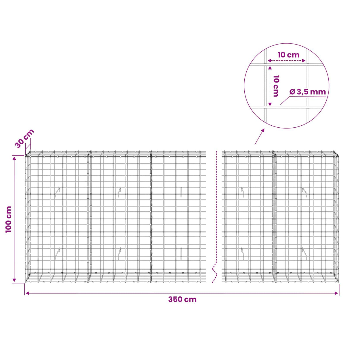 Gabion with 3.5 mm Wire and 10x10 cm Mesh 350x30x100 cm