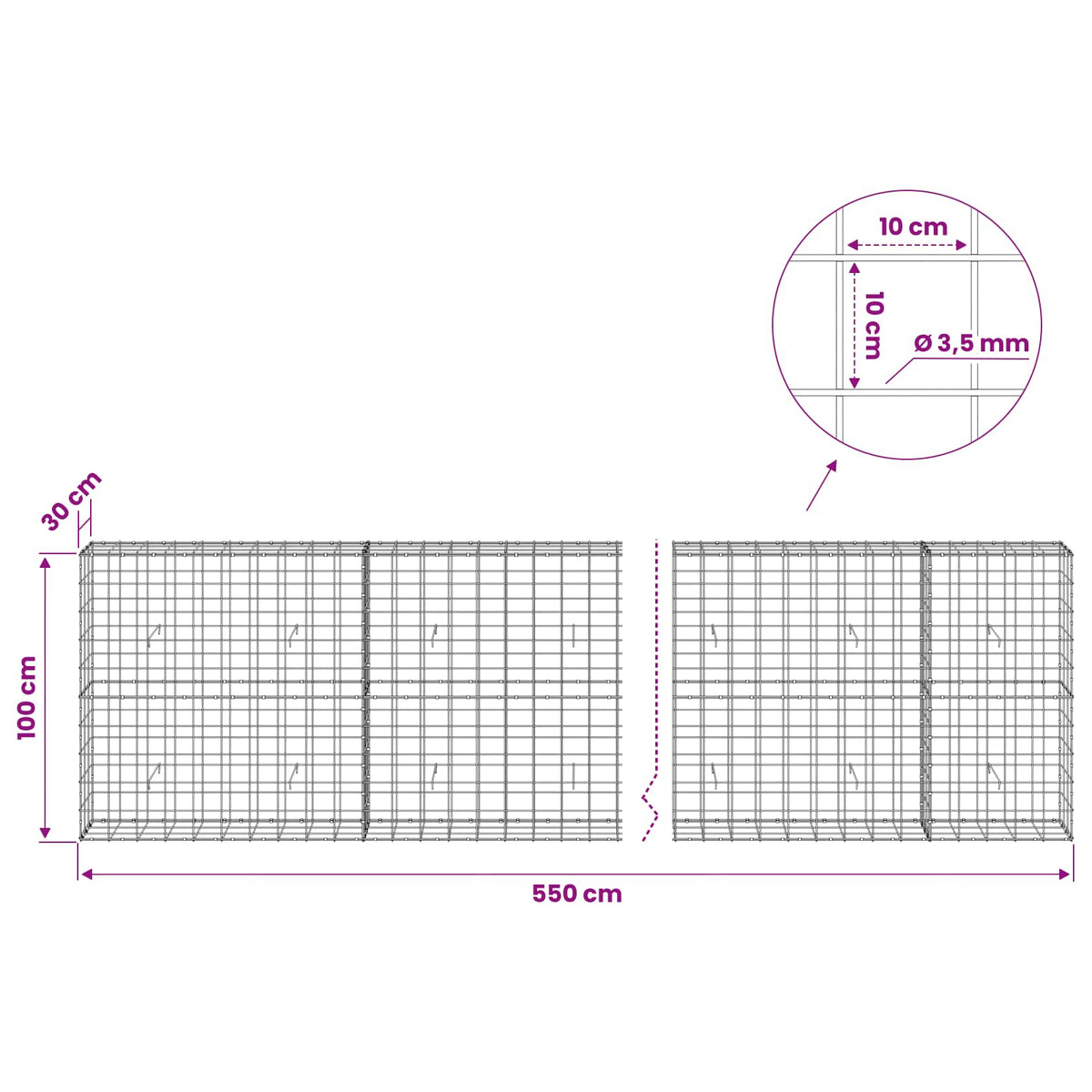 Gabion with 3.5 mm Wire and 10x10 cm Mesh 550x30x100 cm