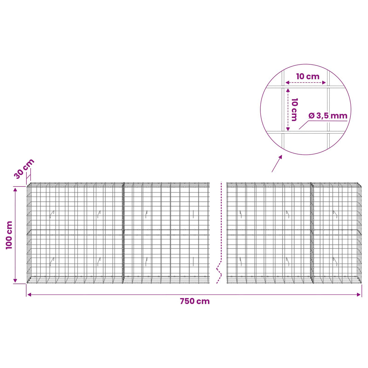 Gabion with 3.5 mm Wire and 10x10 cm Mesh 750x30x100 cm