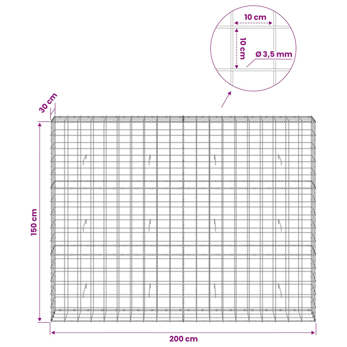 Gabion with 3.5 mm Wire and 10x10 cm Mesh 200x30x150 cm