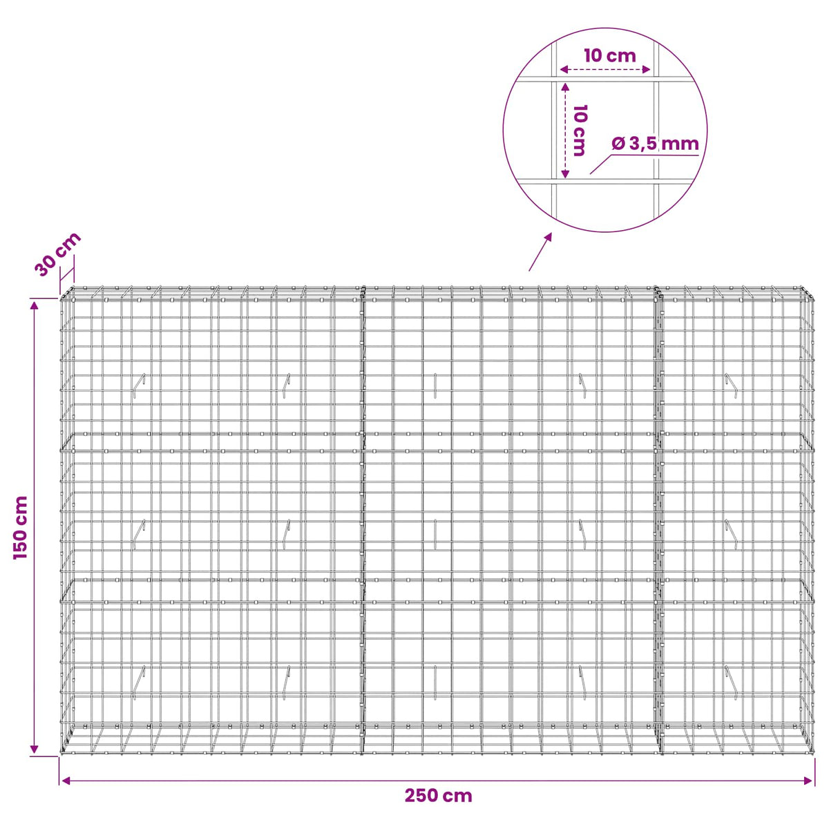 Gabion with 3.5 mm Wire and 10x10 cm Mesh 250x30x150 cm