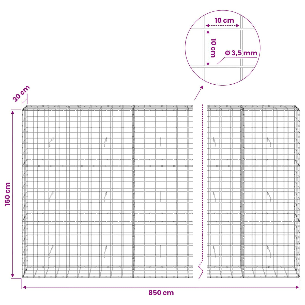 Gabion with 3.5 mm Wire and 10x10 cm Mesh 850x30x150 cm