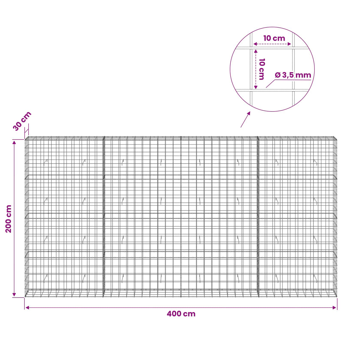 Gabion with 3.5 mm Wire and 10x10 cm Mesh 400x30x200 cm