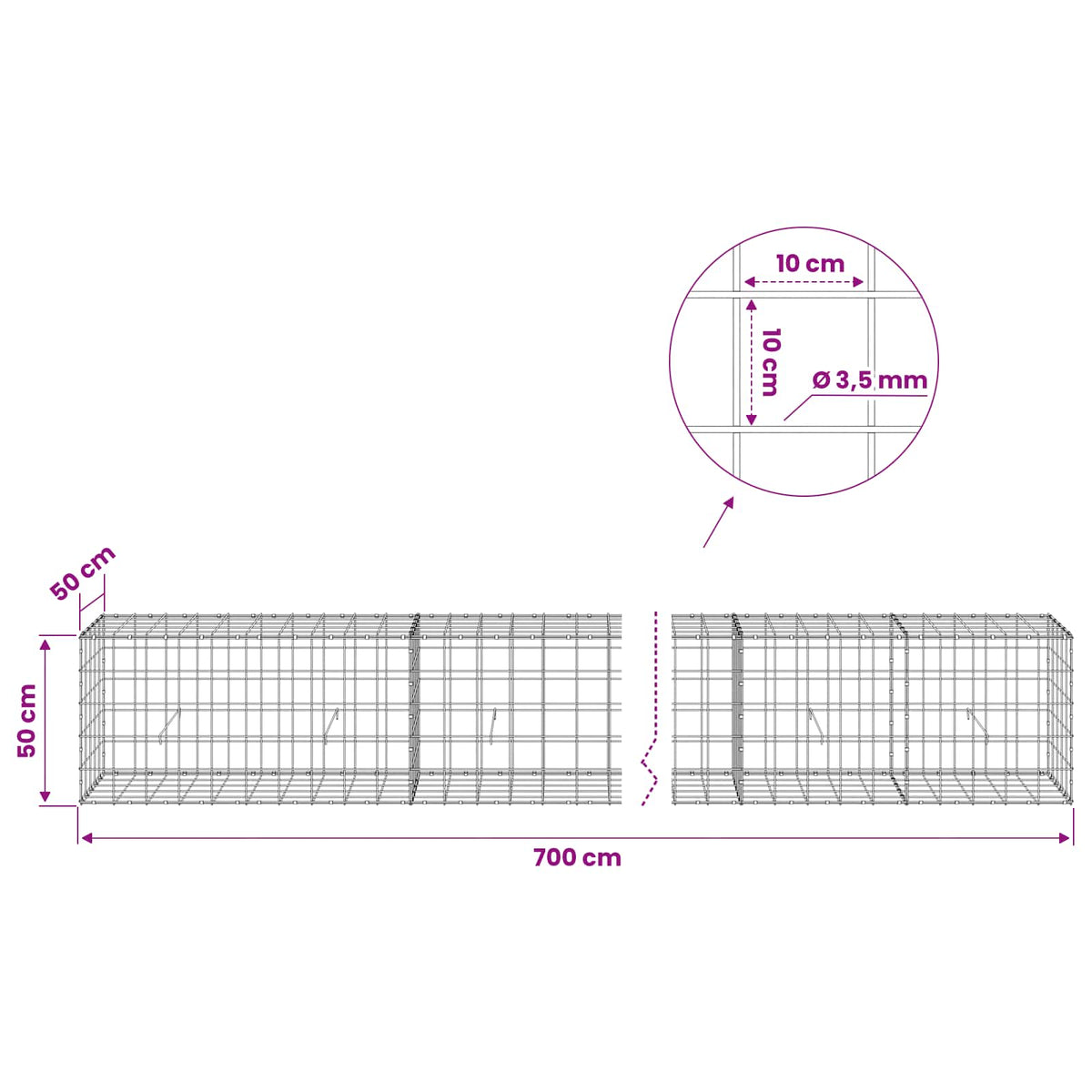 Gabion with 3.5 mm Wire and 10x10 cm Mesh 700x50x50 cm