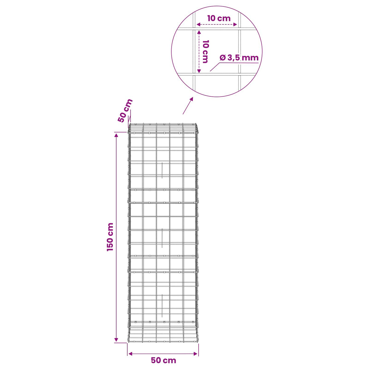 Gabion with 3.5 mm Wire and 10x10 cm Mesh 50x50x150 cm