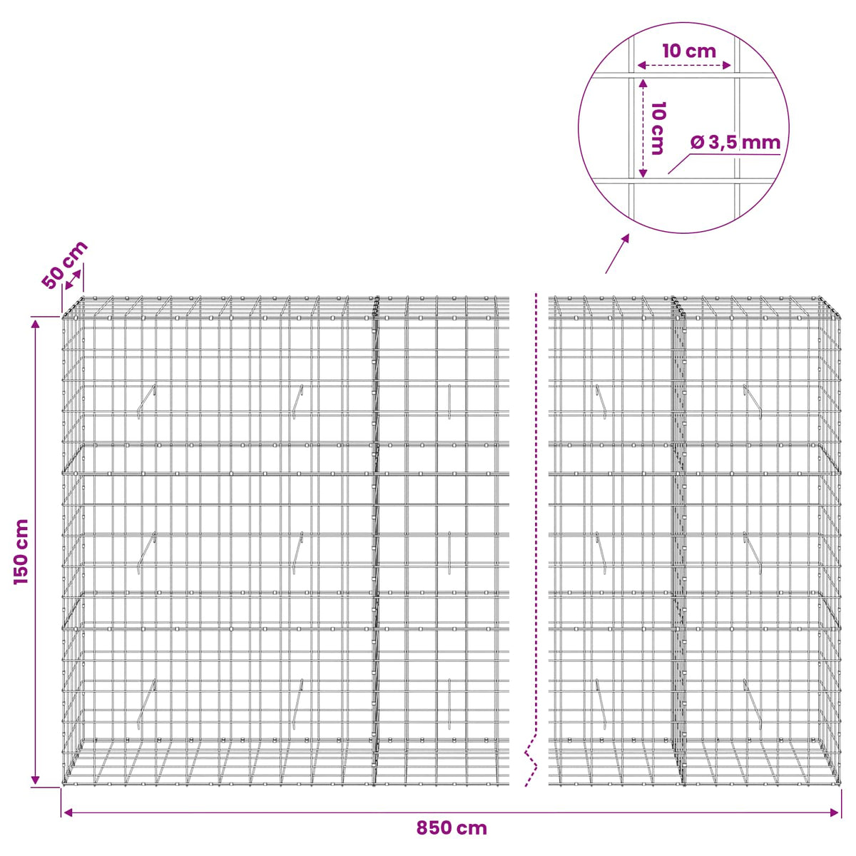 Gabion with 3.5 mm Wire and 10x10 cm Mesh 850x50x150 cm