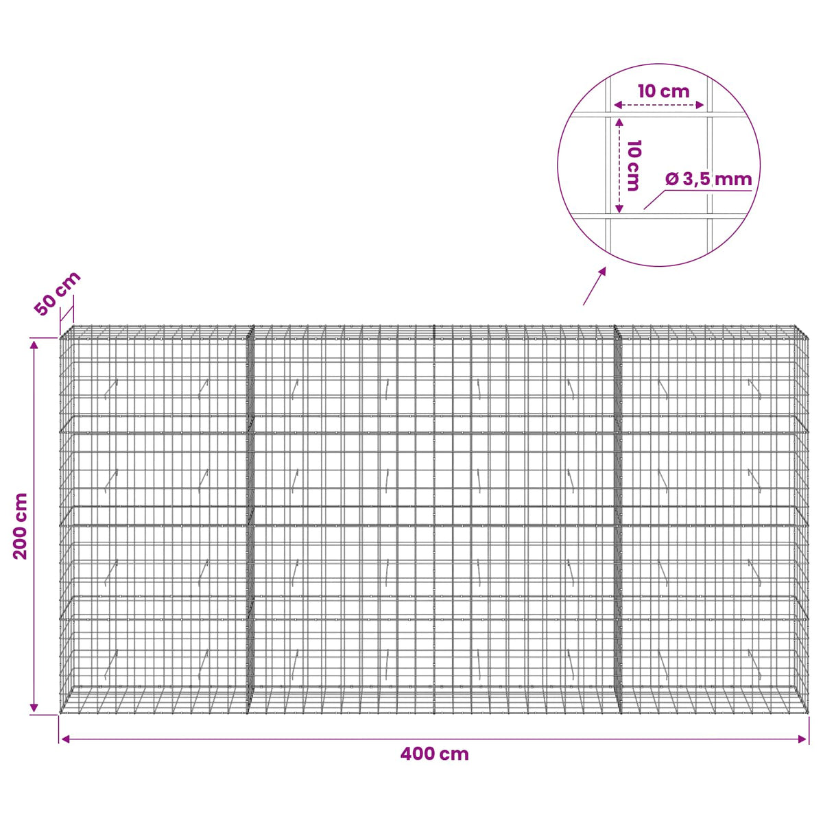 Gabion with 3.5 mm Wire and 10x10 cm Mesh 400x50x200 cm
