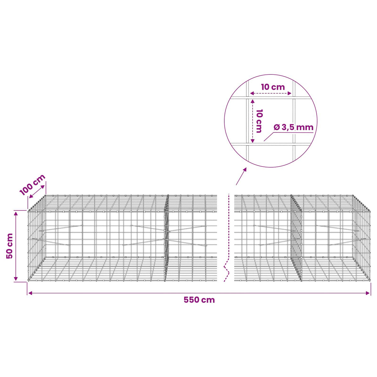 Gabion with 3.5 mm Wire and 10x10 cm Mesh 550x100x50 cm