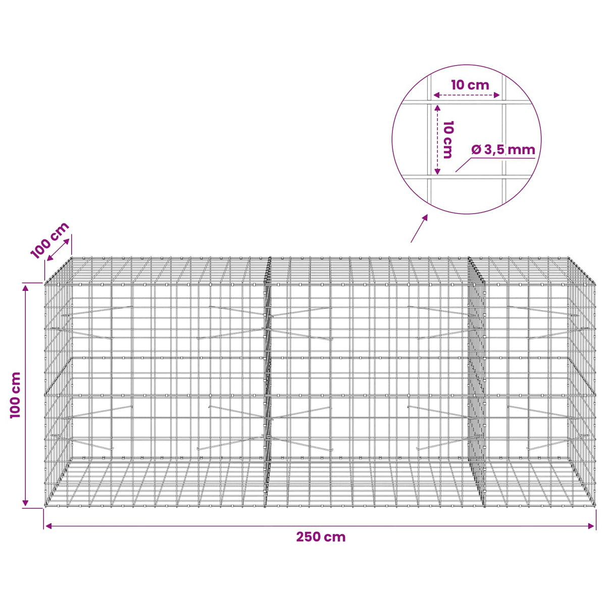 Gabion with 3.5 mm Wire and 10x10 cm Mesh 250x100x100 cm