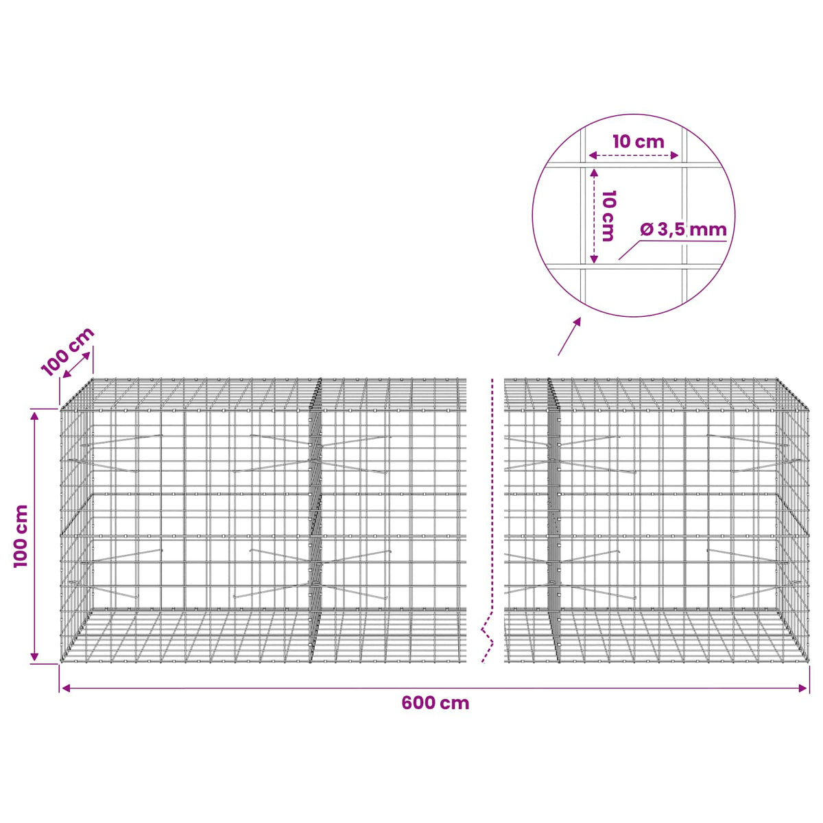 Gabion with 3.5 mm Wire and 10x10 cm Mesh 600x100x100 cm