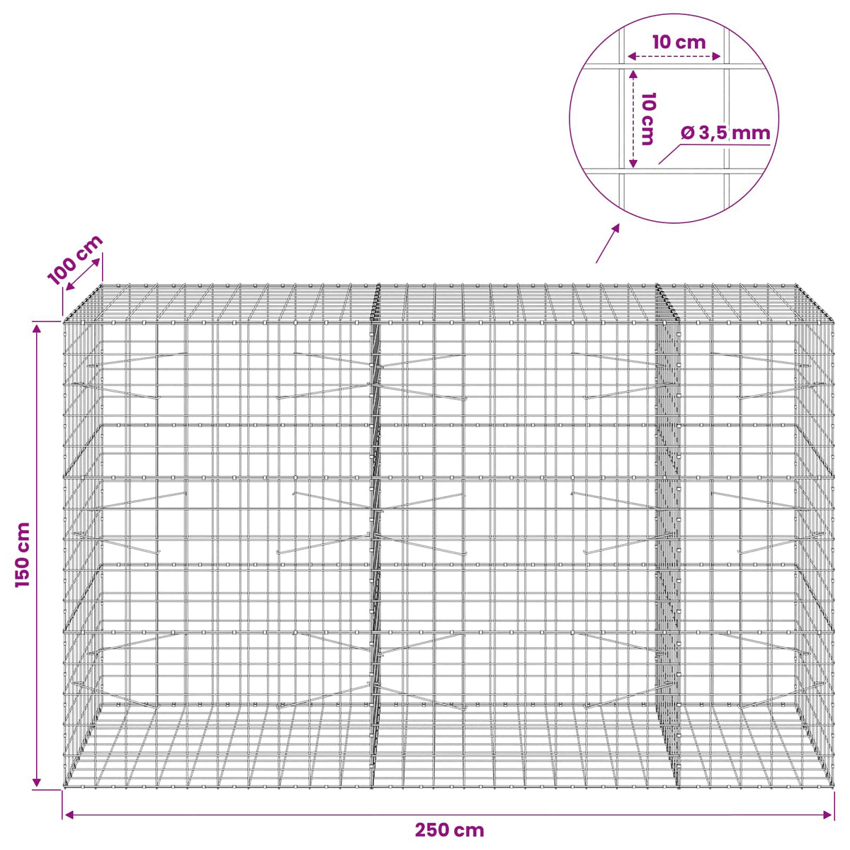Gabion with 3.5 mm Wire and 10x10 cm Mesh 250x100x150 cm