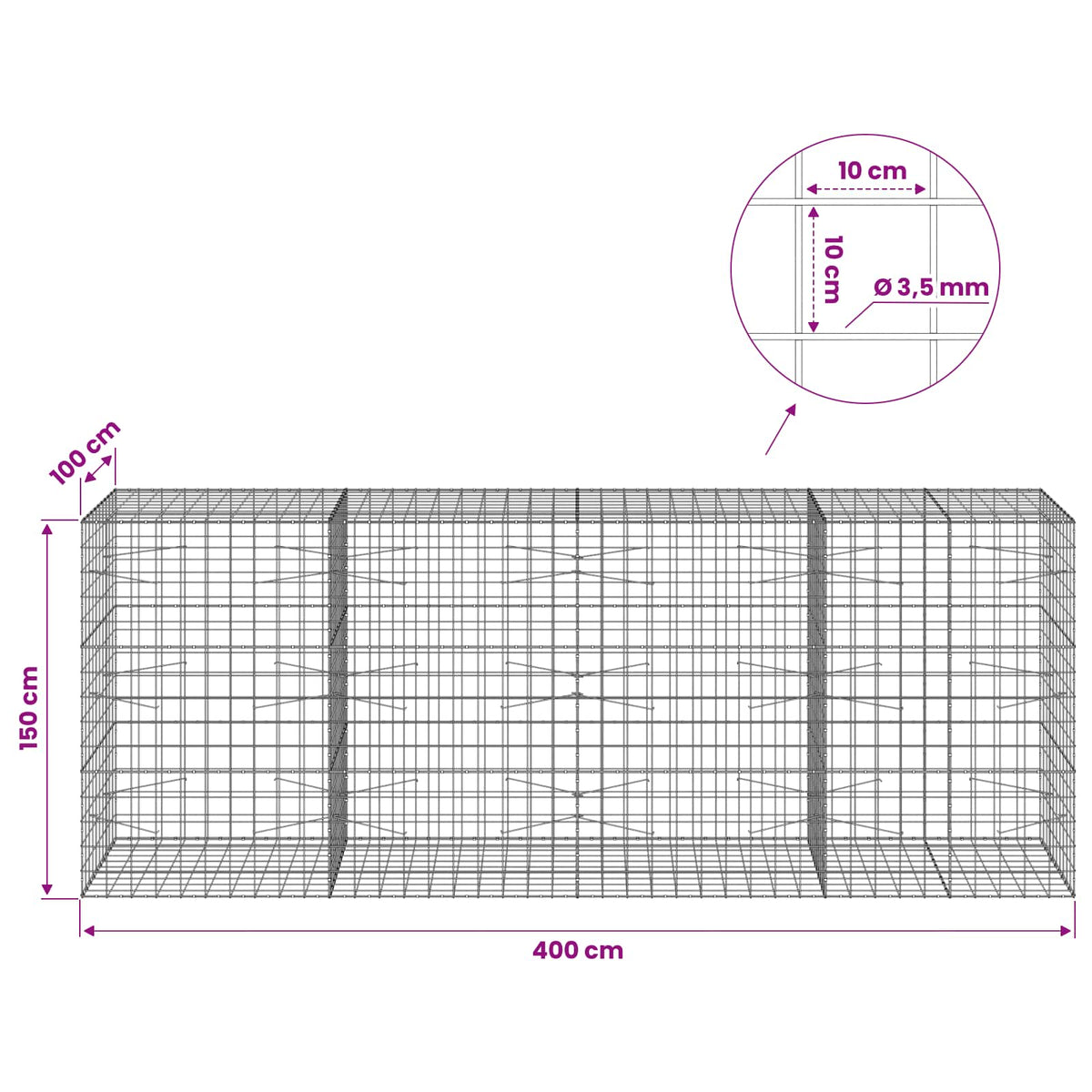 Gabion with 3.5 mm Wire and 10x10 cm Mesh 400x100x150 cm