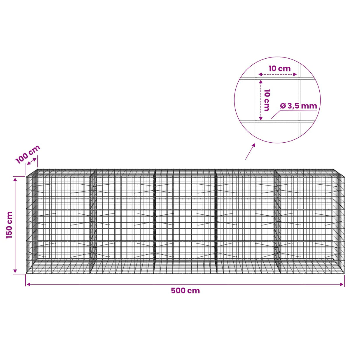 Gabion with 3.5 mm Wire and 10x10 cm Mesh 500x100x150 cm
